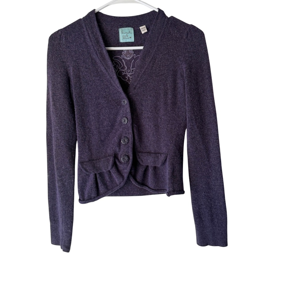 Kimchi Anthropologie Purple Wool Blend‎ Cardigan Sweater Ruffle Feminine Fairy